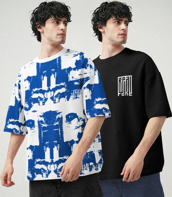 TRIPR Printed Men Round Neck White, Blue, Black T-Shirt