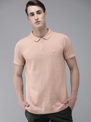 THE BEAR HOUSE Self Design Men Polo Neck Pink T-Shirt