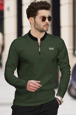 TRIPR Solid Men Mandarin Collar Dark Green, Black T-Shirt