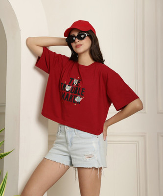 TOM AND JERRY by DreamBe Printed, Typography Women Round Neck Red T-Shirt