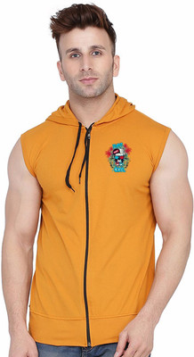 Lawful Casual Graphic Print Men Hooded Neck Gold T-Shirt