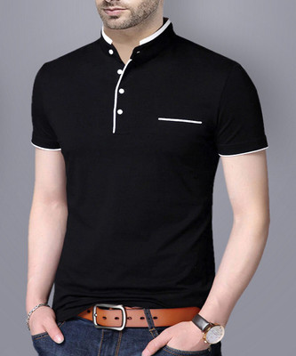 Reya Solid Men Mandarin Collar Black T-Shirt