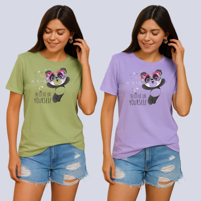 Lecowar Graphic Print Women Round Neck Green, Purple T-Shirt
