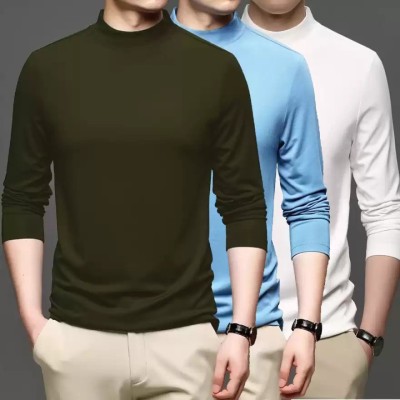 AVA Fashion Solid Men High Neck Green, White, Blue T-Shirt