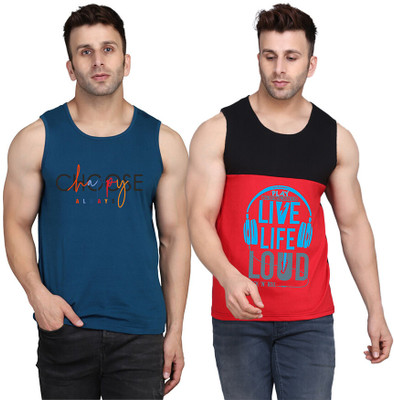 SLOWLORIS Printed, Colorblock Men Round Neck Black, Red, Dark Blue T-Shirt