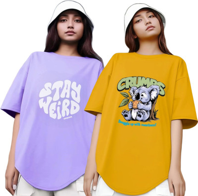 R S Fashion Printed Women Round Neck Purple, Yellow T-Shirt