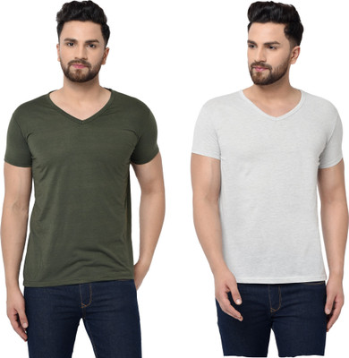 Tresna Trendy Solid Men V Neck Dark Green, Grey T-Shirt