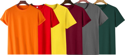 P collection Solid Men Crew Neck Orange, Red, Yellow, Maroon, Grey, Dark Green T-Shirt