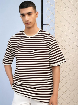 MACK JONNEY Striped Men Round Neck Brown T-Shirt