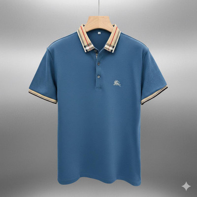 GLANZY Checkered Men Polo Neck Blue T-Shirt