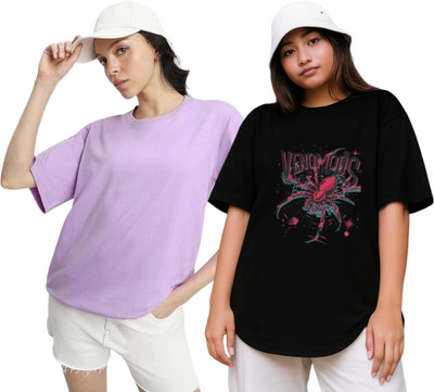 RS FASHION Printed Women Round Neck Purple, Black T-Shirt