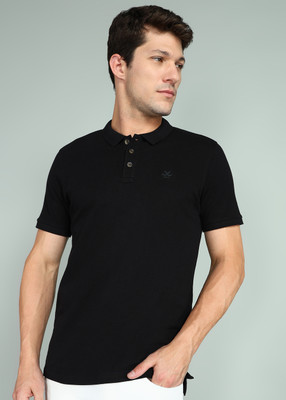 WROGN Solid Men Polo Neck Black T-Shirt