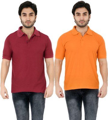 YUALIN CREATION Solid Men Polo Neck Orange T-Shirt