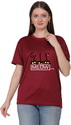 Atharva Trends Printed Women Round Neck Maroon T-Shirt