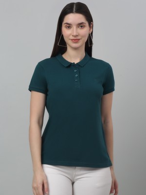 CANTABIL Solid Women Polo Neck Dark Green T-Shirt