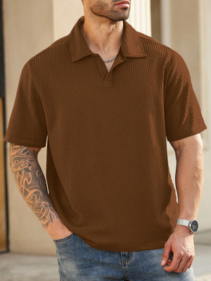 Zilcon Self Design Men Stylised Neck Brown T-Shirt