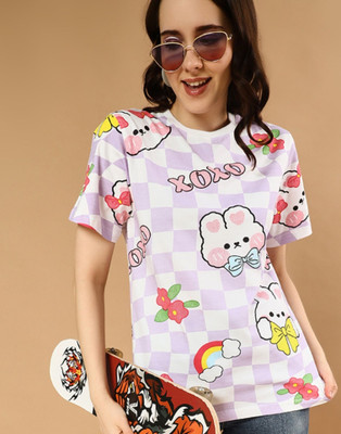 THE DRY STATE Printed Women Round Neck White, Purple T-Shirt