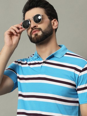 GETGOLF Striped Men Polo Neck Light Blue T-Shirt