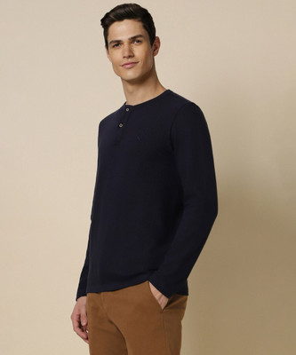 Allen Solly Solid Men Henley Neck Navy Blue T-Shirt