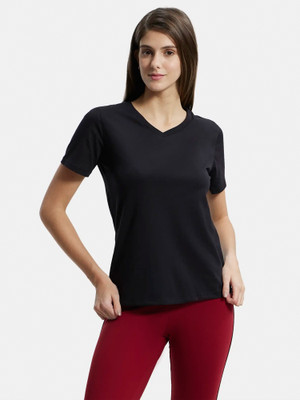 JOCKEY Solid Women V Neck Black T-Shirt