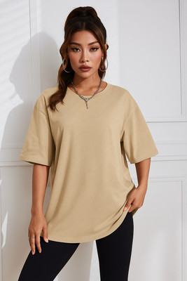 Rockwell Solid Women Round Neck Beige T-Shirt