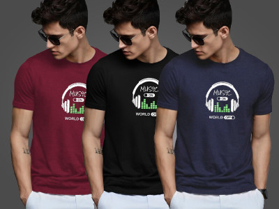 Reya Printed Men Round Neck Maroon, Black, Blue T-Shirt