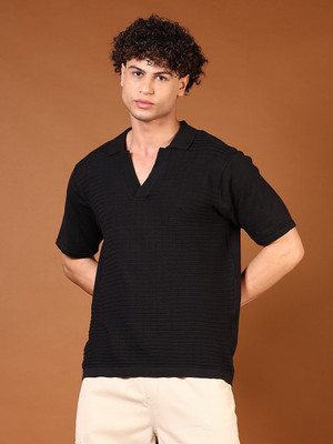 V-MART Self Design Men Polo Neck Black T-Shirt
