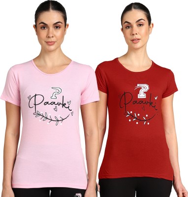 Paavki Printed Women Round Neck Pink, Red T-Shirt