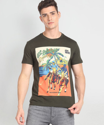 U.S. POLO ASSN. Printed Men Round Neck Green T-Shirt
