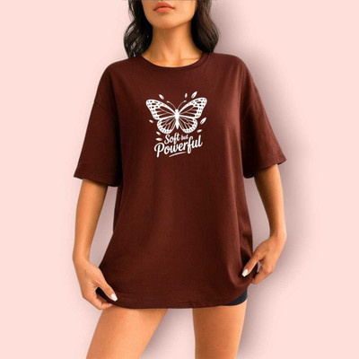Stylicity Printed Women Round Neck Brown T-Shirt