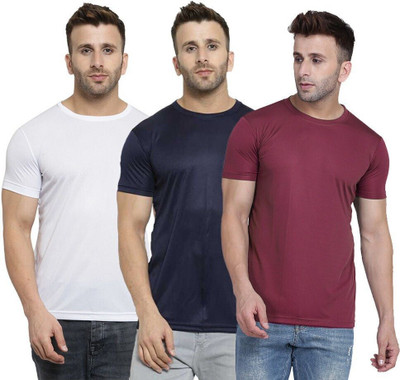 TQH Solid Men Round Neck Dark Blue, White, Maroon T-Shirt