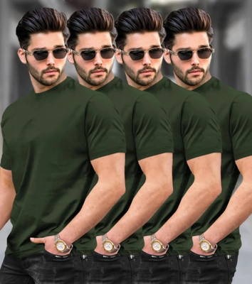 Vivaan Fab Solid Men Round Neck Dark Green T-Shirt