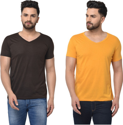 Tresna Trendy Solid Men V Neck Brown, Yellow T-Shirt