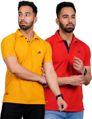 addiz Solid Men Polo Neck Yellow, Red T-Shirt