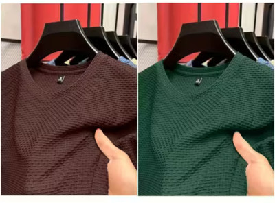 At Last Fashion Self Design Men Round Neck Brown, Green T-Shirt