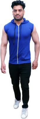 GEUM Solid Men Hooded Neck Blue T-Shirt