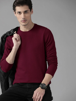HOODLER Solid Men Round Neck Maroon T-Shirt