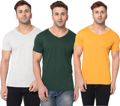 JB Jangoboy Solid Men V Neck Dark Green, Grey, Yellow T-Shirt