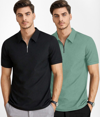 BELPATRA Solid Men Polo Neck Black, Light Green T-Shirt