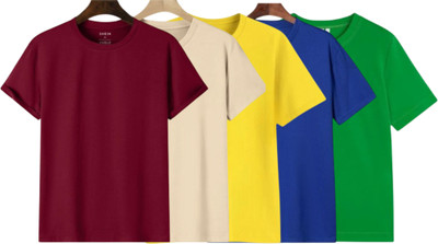 TTFE Solid Men Round Neck Maroon, Beige, Yellow, Dark Blue, Light Green T-Shirt