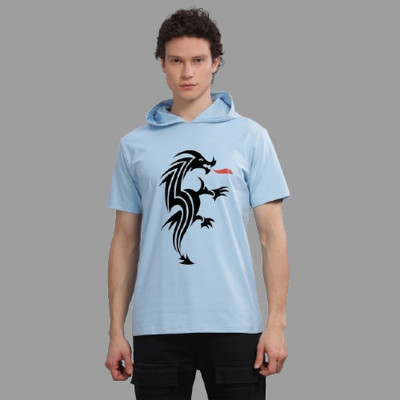 SolaceActive Graphic Print Men Hooded Neck Reversible Light Blue T-Shirt