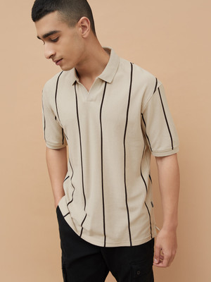 Fame Forever by Lifestyle Striped Men Polo Neck Beige T-Shirt