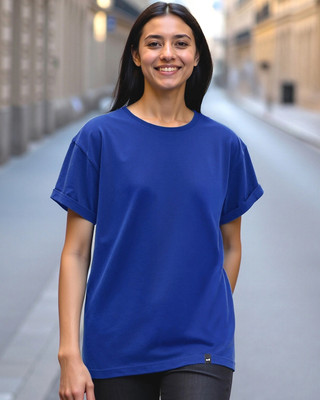 BEWAKOOF Solid Women Round Neck Blue T-Shirt