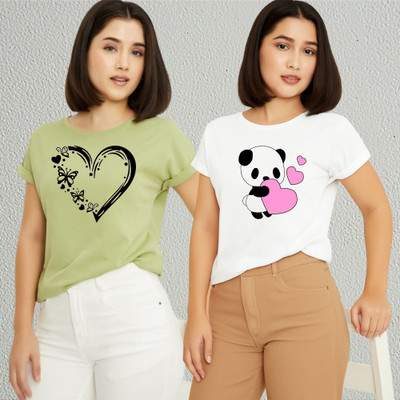 Lecowar Printed Women Round Neck Green, White T-Shirt