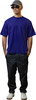 J&D brand Solid Men Cowl Neck Navy Blue T-Shirt