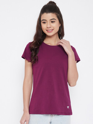 Camey Solid Women Round Neck Purple T-Shirt