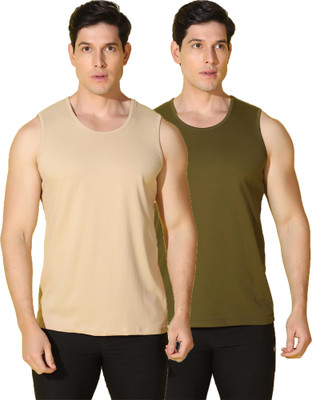 WOOSTRO Solid Men Scoop Neck Beige, Green T-Shirt