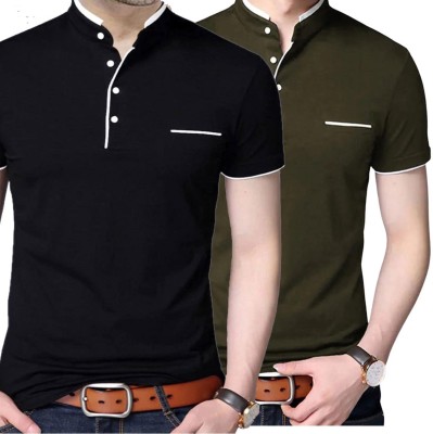 Style Pitara Solid Men Mandarin Collar Dark Green, Black T-Shirt