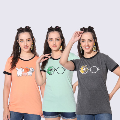 BUDAPEST Printed Women Round Neck Light Green, Grey, Orange T-Shirt