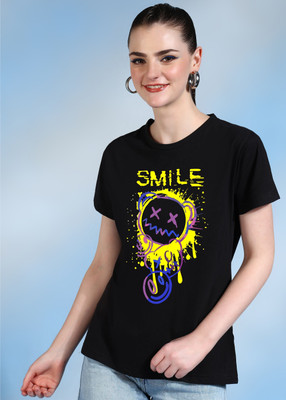 Moda Rapido Printed Women Round Neck Black T-Shirt
